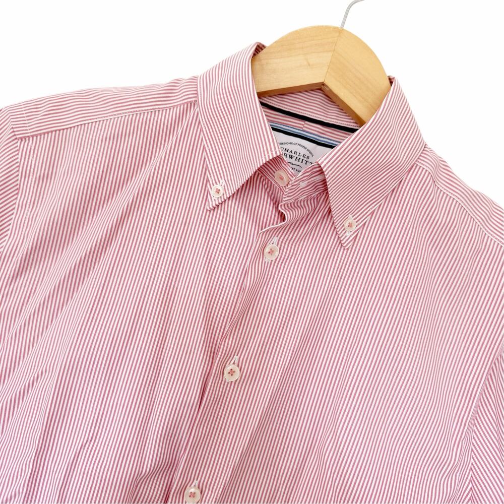 Charles Tyrwhitt Red White Pinstripe Slim Fit Button Down Shirt Sz 14.5